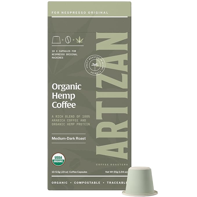 Artizan Coffee Roasters Organic Hemp Espresso Capsules For Nespresso Original | Hemp Fusion | 10 Compatible Compostable Pods