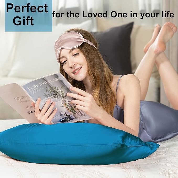 Ravmix Silk Pillow Cases with Zipper, 21momme Mulberry Silk Pillowcase for Hair Skin Health, Soft Smooth Breathable Cool Pillow Cover for Beauty Sleep with Gift Box 1PC(King 20"x36", Peacock Blue)