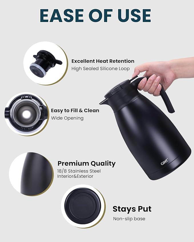 GiNT 2.2L / 74Oz Thermal Coffee Carafe, Insulated Stainless Steel Coffee Carafes for Keeping Hot/Double Walled Vacuum Thermal Carafe (Black)