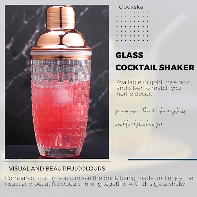 Glass Cocktail Shaker Set - Drink Shakers Cocktail and Cocktail Shakers, Glass Shaker Bottle for Bars, Whiskey, Cocktails (Rosegold)