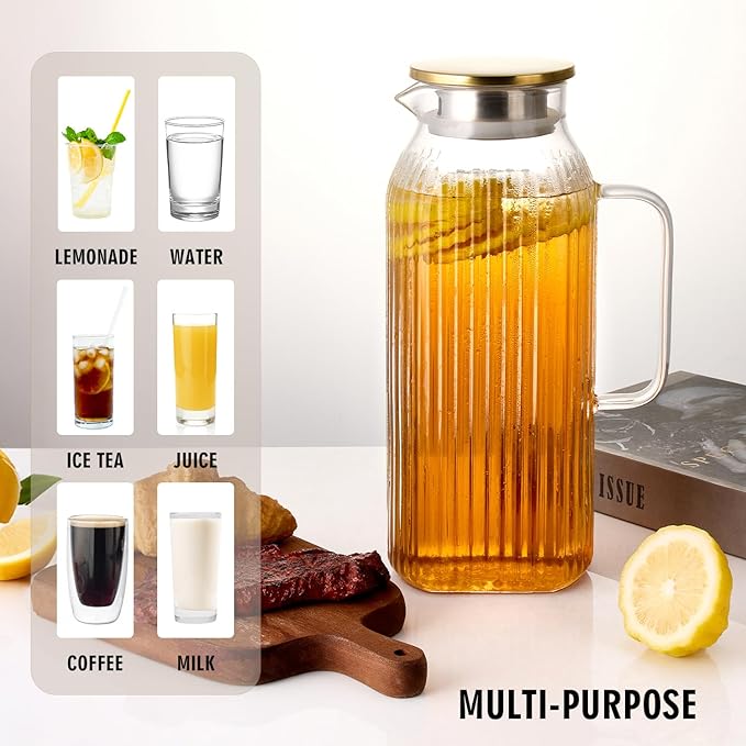 GLASKEY 2.1 Liter 71oz Square Glass Pitcher with Lid, Classic Stripes Water Pitchers with Handle for Fridge, Leak Proof Juice Jug, Borosilicate Glass Carafe for Hot/Cold Brew Drink