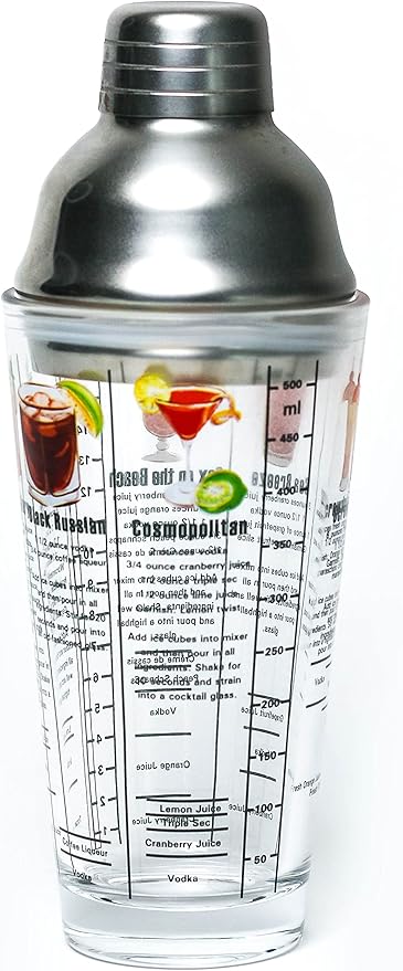 14 oz Recipe Glass Cocktail Shaker With Strainer Top - Includes 6 Cocktail Drink Recipes (Vodka Theme)