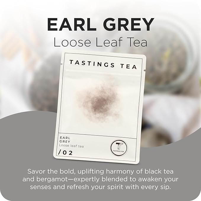 Tastings Tea Earl Grey - 3.5 oz. Loose-Leaf Blend | Assam & Nilgiri Tea Leaves with Bergamot Oil | Caffeinated for Morning Rituals | Holistic Wellbeing