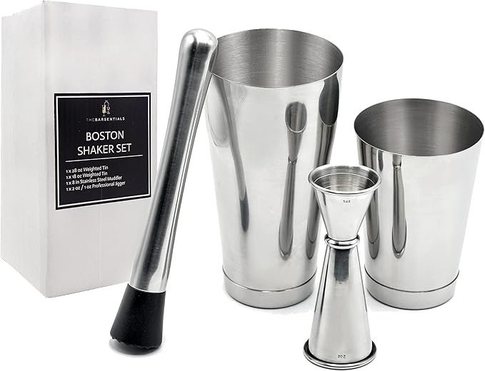 Boston Shaker Set for Cocktails with 28oz and 18oz Weighted Tins, Professional Muddler and Jigger - Stainless Steel Bar Tools (4pc set)