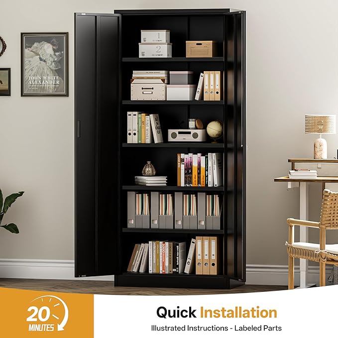 Metal Garage Storage Cabinets,71” Tall Metal File Cabinet with 5 Adjustable Shelves, Lockable Storage Cabinets for Office, Home, Garage, Warehouse 71" H x 32" W x 16" D (Black)