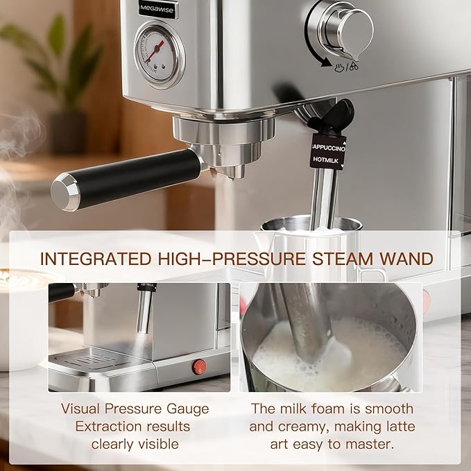 MEGAWISE Espresso Machine 20 Bar, Compact Stainless Steel Coffee Maker with Steam Milk Frother & Removable Tank for Cappuccino, Latte - Silver