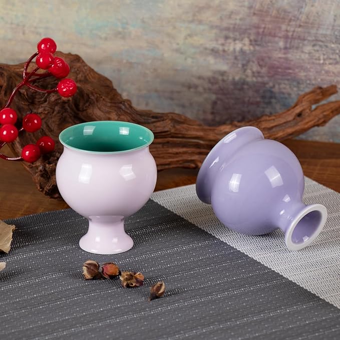 KAMMAK Tea Cups, 3oz Small Tea Set of 2 for Home, Party, Office, Porcelain Tea cups with Short Stem, Cute Ceramic Teacups, Chinese Kungfu Tea Set for Hot/Cold Drink (Apricot Pink and Hibiscus Purple)