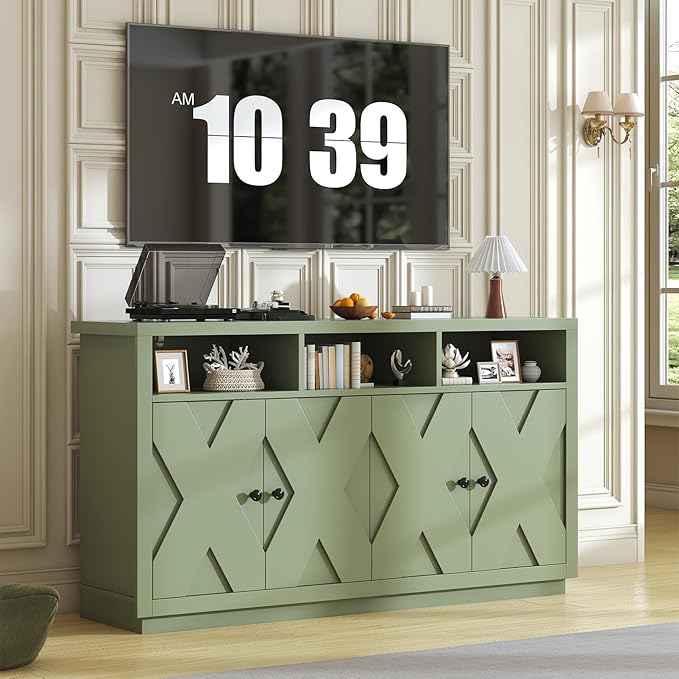 60” Large Sideboard Buffet Cabinet with Storage, Farmhouse Kitchen Buffet Cabinet with Adjustable Shelves and 4 Barn Doors, Wood Coffee Bar Storage Cabinet for Kitchen, Dining Room, Green