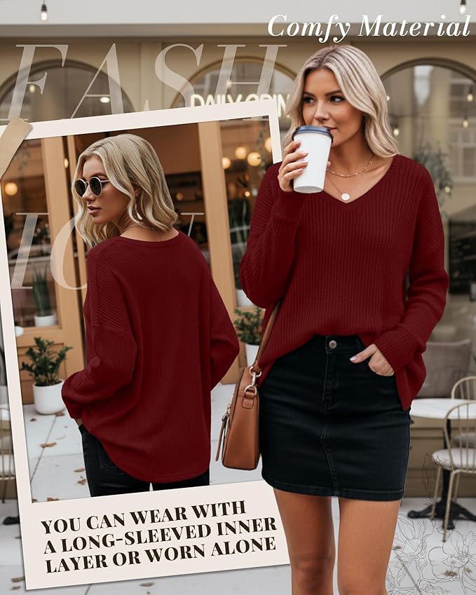 Women's V Neck Sweater Long Sleeve Knit Oversized Shirt Loose Lightweight Fall Casual Pullover Sweater Top