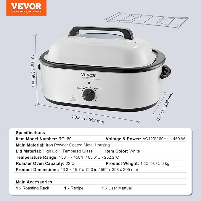 VEVOR Electric Roaster Oven, 22 QT Turkey Roaster with Self-Basting Lid, 1450W Roaster with Defrost & Warm Function, Adjustable Temp, Removable Pan & Rack, Fits Turkeys Up to 26LBS, White