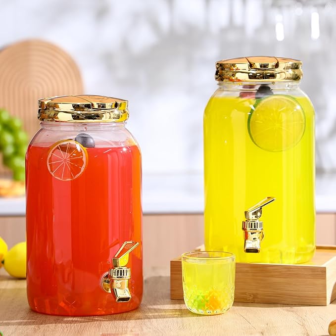 Havawish 2 Pcs 1 Gallon Plastic Beverage Dispenser with Spigot Clear Summer Kitchen Fridge Drink Dispenser for Parties Lemonade Juice Tea Beer Cold Water(Gold,Cylinder)