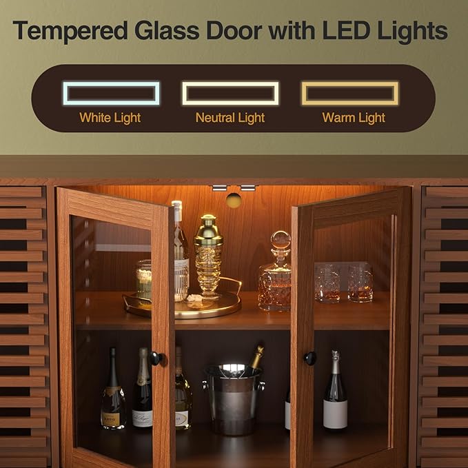 Vabches Mid Century Modern Sideboard Buffet Cabinet with LED Lights, Unique Slatted & Tempered Glass Doors, 58.3" Credenza Storage Cabinet for Kitchen, Dining, Living Room, Entryway, Walnut