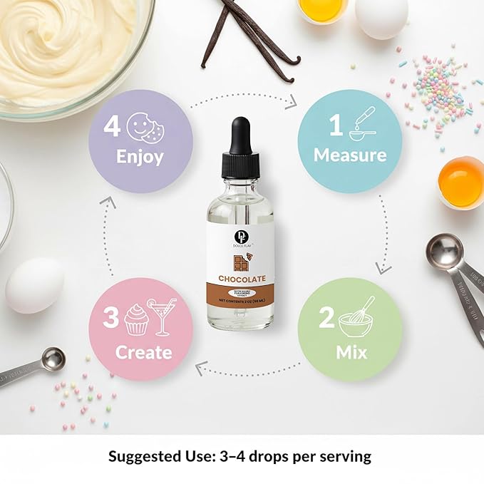 Dolce Flav Natural Chocolate Extract – 2 Ounce Water-Soluble Kosher, Sugar-Free, Concentrated Chocolate Flavor for Baking, Coffee, Ice Cream, Smoothies & Desserts, Includes Measured Dropper