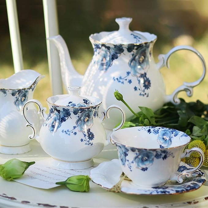 Bone China Tea Cups and Saucers, Vintage Teacups and Saucers for Women Tea Party (Blue B)