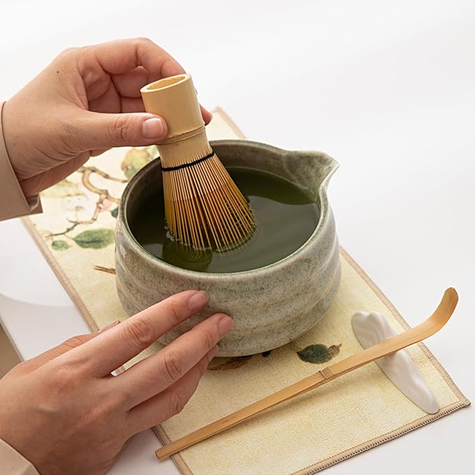 Matcha Set, Matcha Bowl with Spout, Matcha Whisk and Holder, Bamboo matcha Scoop and Stainless Sifter - 7 Pcs Jade Green Matcha Set Kit for Matcha Lover