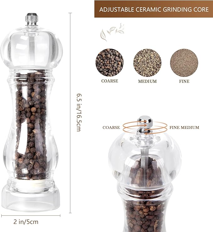 LHS 6 Inch Pepper Mill Grinder Salt Grinder, Arcylic Peppercorn Grinders with Adjustable Coarseness-Clear