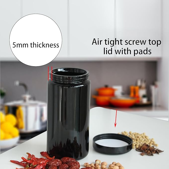 Black Glass Airtight Storage Container Jar 1000ml 2 Oz with UV Protection for Spice Coffee