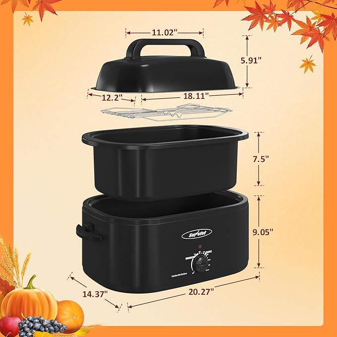 Sunvivi Electric Roaster, 26 Quart Electric Roaster Oven with Self-Basting Lid, Turkey Roaster Oven Buffet with Removable Pan, Cool-Touch Handles, Black