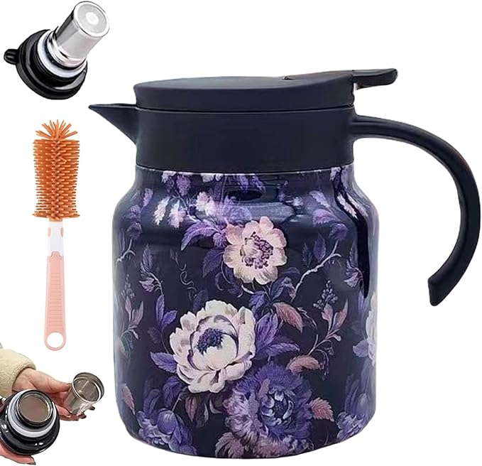 Vintage Floral Pattern Teapot – Built-In Infuser, 800ML/1000ML Heatproof Stainless Steel Teapot with Lid for Hot Drinks (Blue, 1000ml-Plastic handle)
