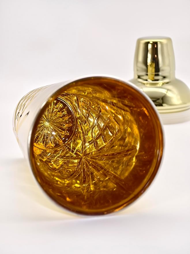 Crystal Cocktail Shaker W/Cutting &Gold Design - 18.5oz-Jumbo Martini Shaker for Elevated Mixology. for Espresso Coffee, Motcha, Mocktail, No Cold Hands. Christmas, Holiday, HomeBar, Parties