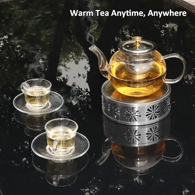 Tea Warmer Chrysanthemum Silhouette, JUKFITA Silver Brushed Stainless Steel Teapot Warmer, Includes 1 Tealight Holder