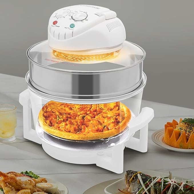 18QT Glass Air Fryer Oven with View Window - 1400W Halogen & Hot Air Circulation, Borosilicate Glass Pot & Expansion Ring for Family, Large Capacity Even Cooking