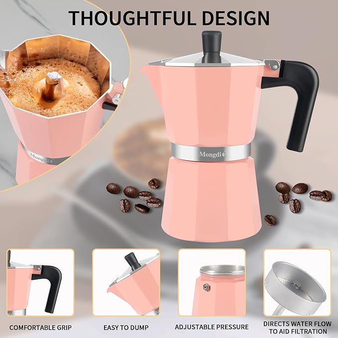 Mongdio Stovetop Espresso Maker Moka Pot, Stove Top Cuban Coffee Maker, Italian Greca Mocha Pot, 6 Espresso Cups, 10 oz - Pink