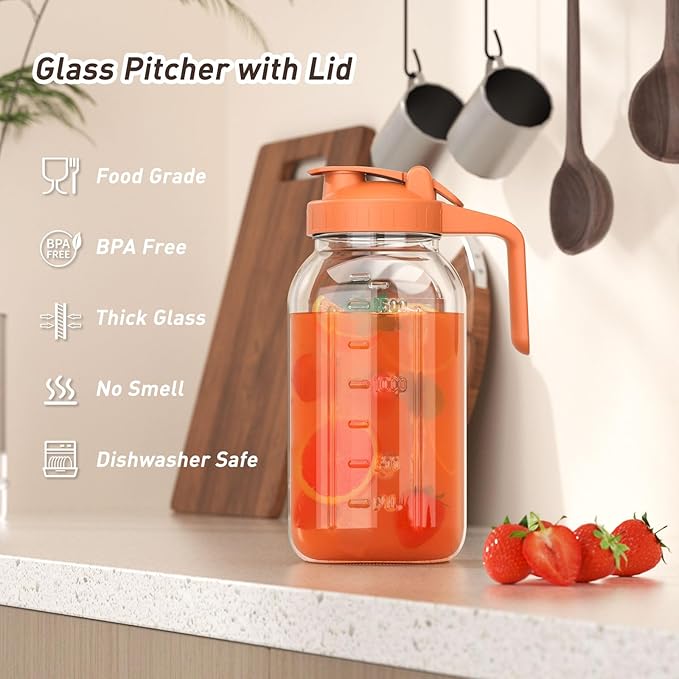 64 oz Glass Pitcher with Lid, Large Wide Mouth Mason Jar with Pour Spout, Orange Sun Tea Glass Jar for Outside, Lemonade Pitcher Great for Drink, Cold Beverages and Breast Milk