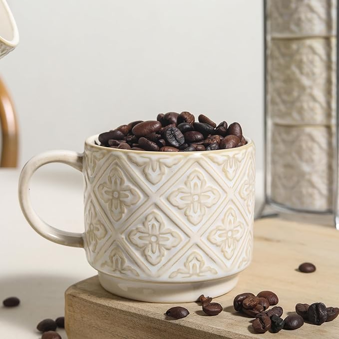 6 Oz Coffee Cups with Stand, Stackable Espresso Cups Set of 4, Ceramic Cappuccino Cup, Embossed Coffee Mugs for Latte, Cocoa, Mocha, Tea, Housewarming Wedding Present, Dishwasher Safe