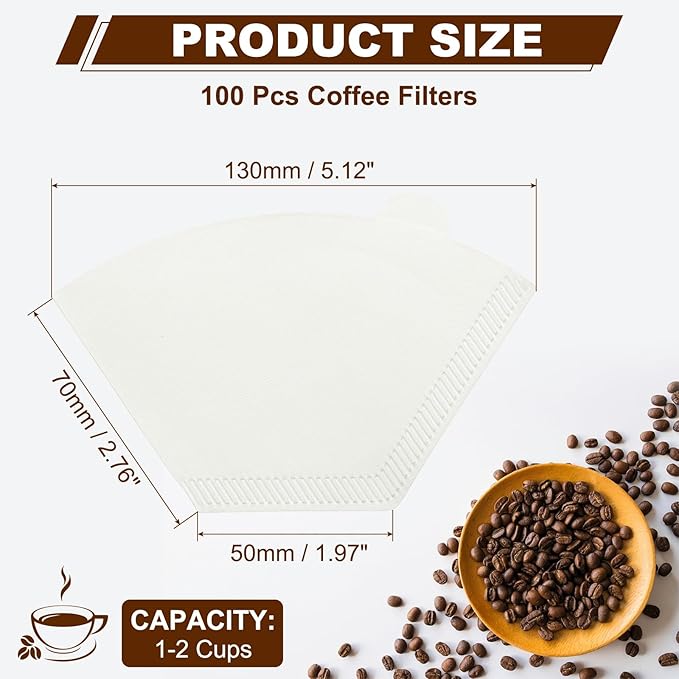 uxcell 100Pcs Coffee Filters, Disposable Fan-Shaped Paper Filter for 1-2 Cups, Suitable with Home Office Use and Drip Coffee Maker, White(U1O1)