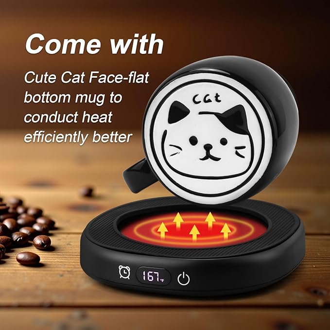 Coffee Mug Warmer with Cute Cat Mug Set, 8 Hour Auto Shut Off Cup Warmer for Desk Office Home, Candle Beverage Electric Coffee Warmer with 4 Temperature Setting, Christmas Birthday Ideas for Women Men