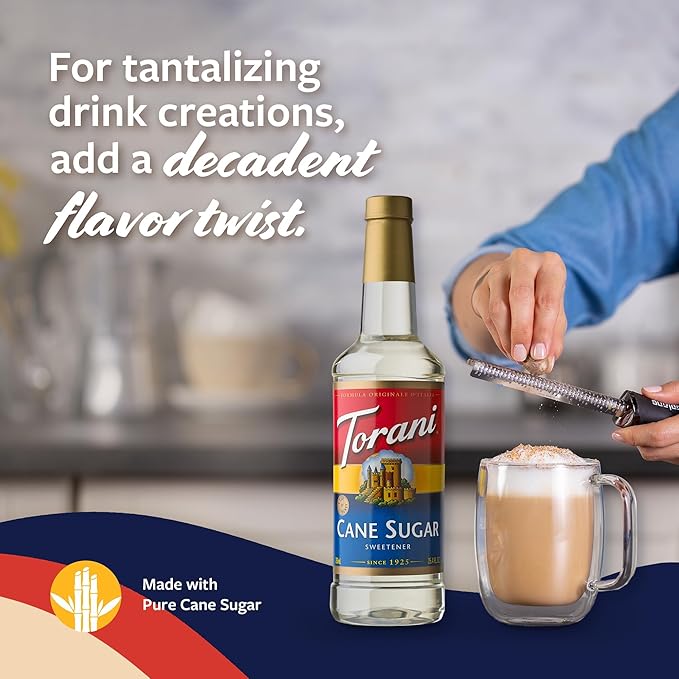 Torani Cane Sugar Sweetener, Simple Syrup for Drinks & Desserts, Pump Included, 25.4 Oz