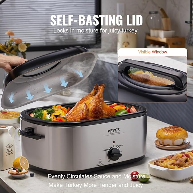 VEVOR Electric Turkey Oven, 26 QT Capacity with Auto-Basting Cover, 1450W, Features Defrost & Keep Warm Settings, Temperature Control, Includes Detachable Pan & Rack, Accommodates Up to 30LBS Turke