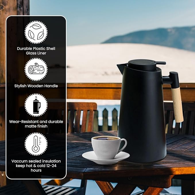 Coffee Carafe with Handle and Cleaner Brush - Coffee Carafe (urn)- Coffee Dispenser - 24 Hours Hot Double Walled Flask for Hot Water, Tea, Coffee - 33.81 Oz (1L) (Black)