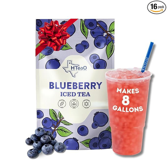 HTeaO Blueberry Green Iced Tea Bags – Makes 8 Gallons in 5 Minutes – Large Loaded Tea Sachets for Parties, Family Gatherings, & Groups – Texas-Style Ice Tea Packets for Quick Brew (16-Count)