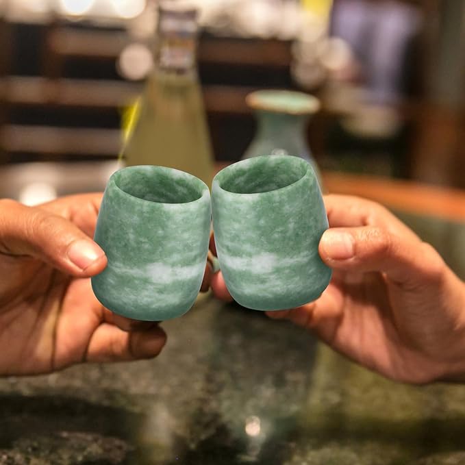 gemshan Jade Tea Cups Top Grade Natural Jade Cup 2 Pack, Hand-made Teacups Coffee Mug Wine Mug for drinking Tea Coffee Wine Beer Hot Drinks