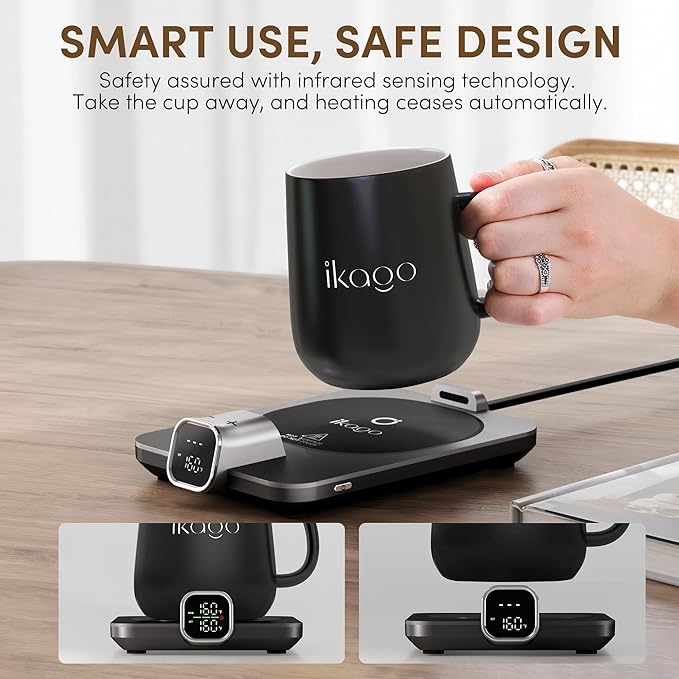 Coffee Mug Warmer Set, ±1°F Precision Temperature Control Smart Heated Mug for Desk, Electric Coffee Warmer with Auto Shut Off & Real-Time Temp Display, Gifts for Men Women, 15oz Ceramic Mug, Black