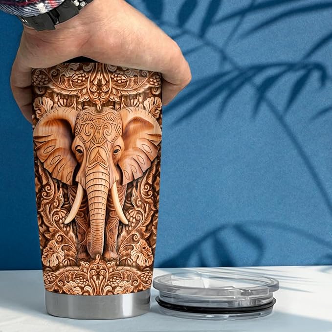 SANDJEST Elephant Tumbler 20oz Elephants Wood Drawing Stainless Steel Insulated Tumblers Coffee Travel Mug Cup Gifts for Women Men Elephant Gift for Birthday Christmas