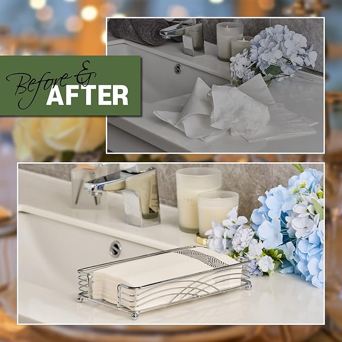 Silver Guest Towel Holder Tray for Bathroom – Countertop Napkin Organizer for Disposable Paper Towels, Elegant Hand Towel Rack for Powder Room, Modern Guest Bathroom Accessories