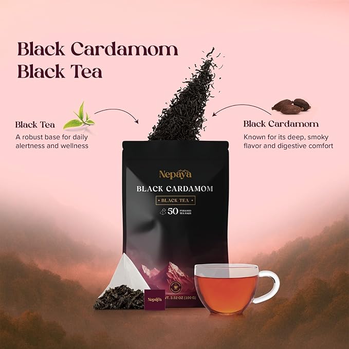 Nepaya Black Cardamom Black Tea – 50 Pyramid Tea Bags, Robust & Smoky, High Caffeine, Biodegradable, Himalayan Whole-Leaf, Coffee Replacement