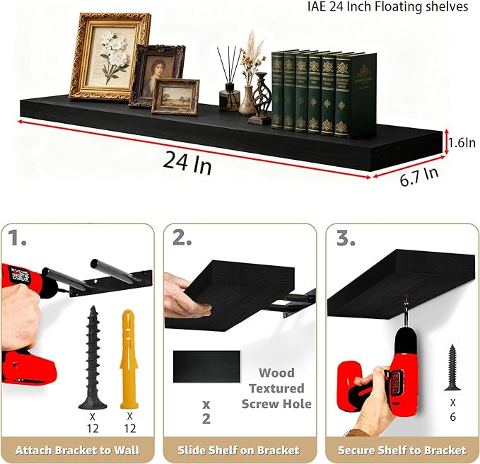 IAE Floating Wall Shelves 24 inch,Bathroom Shelf Wall Mounted,Invisible Shelves Floating Kitchen Shelving,Wooden Wall Shelf with Brackets for Living Room Wall Mounted,Easy Install,Set of 2,Black