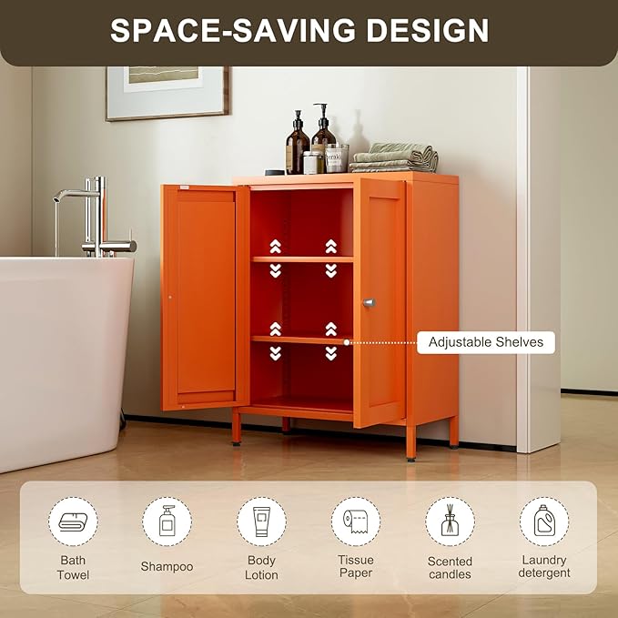 Small Bathroom Storage Cabinet, Orange Metal Locker with 2 Doors and 2 Adjustable Shelves, Small Locker Cabinet Sideboard for Home Office, Living Room, Hallway, Entryway