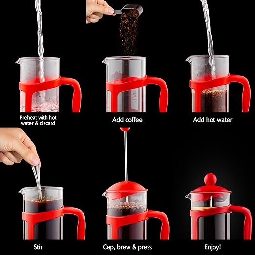 OVENTE French Press Coffee Maker 34 Ounce with Heat Resistant Borosilicate Glass & Stainless Steel 4-Level Filtration System, Portable Cold Brew Coffee Maker for Travel, Camping or Gift, Red FPT34R