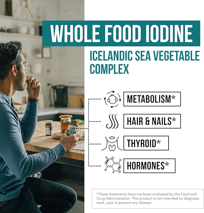 Organic Iodine Supplement from Sea Vegetable Complex, Whole Food & Raw Form - Iodine Plus Trace Mineral Complex – Contains Purest Icelandic Sea Kelp, Irish Moss & Bladderwrack (250 mcg)