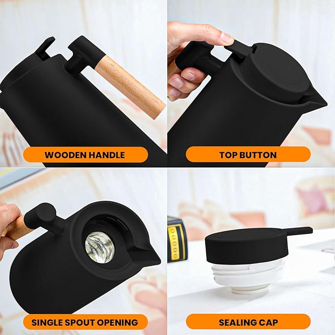 Coffee Carafe with Handle and Cleaner Brush - Coffee Carafe (urn)- Coffee Dispenser - 24 Hours Hot Double Walled Flask for Hot Water, Tea, Coffee - 33.81 Oz (1L) (Black)