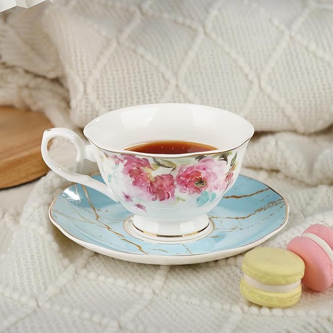 fanquare Rose Tea Cup and Saucer Set for 6, British Tea Cups Set for Gift, Multi-Color Flowers Porcelain Tea Service