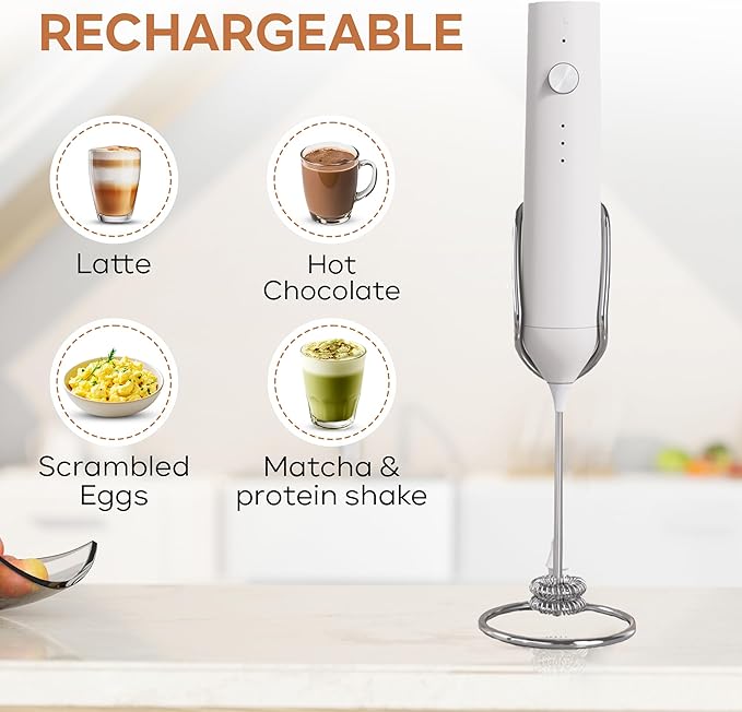 Handheld Milk Frother Wand Rechargeable with Stand - Double Whisk Milk Frother Handheld -3 Speed Levels- Coffee Stirrers Electric Drink Mixer - Coffee Frother Handheld