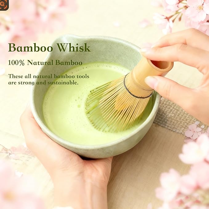 5-PCS Japanese Matcha Tea Set - Ceramic Bowl with Spout & Holder, Bamboo Whisk (Chasen), Scoop, Sifter - Complete Traditional Tea Ceremony Kit for Beginners, Gift for Tea Lovers (Light green)