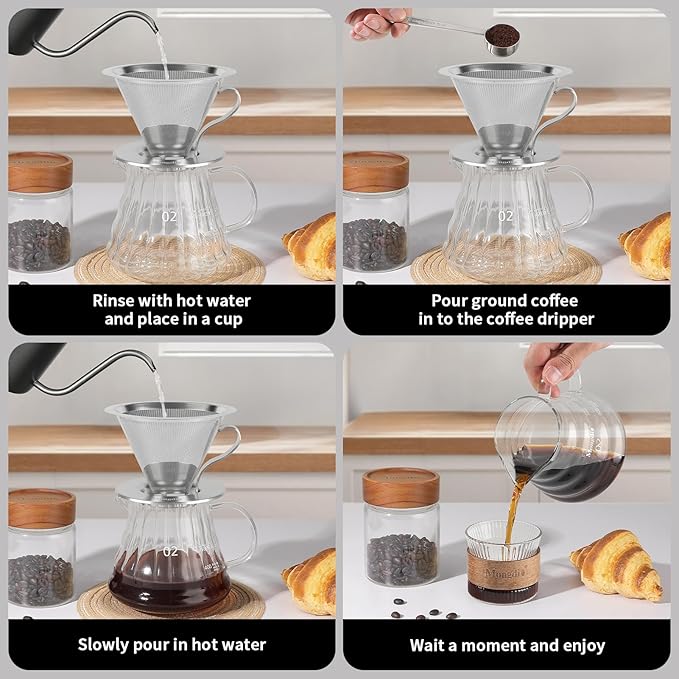 Mongdio Pour Over Coffee Dripper, Stainless Steel Coffee Dripper, Reusable Metal Coffee Filter, Double-Mesh Design, Clever Dripper with Handle, For Home, 1-4 Cups