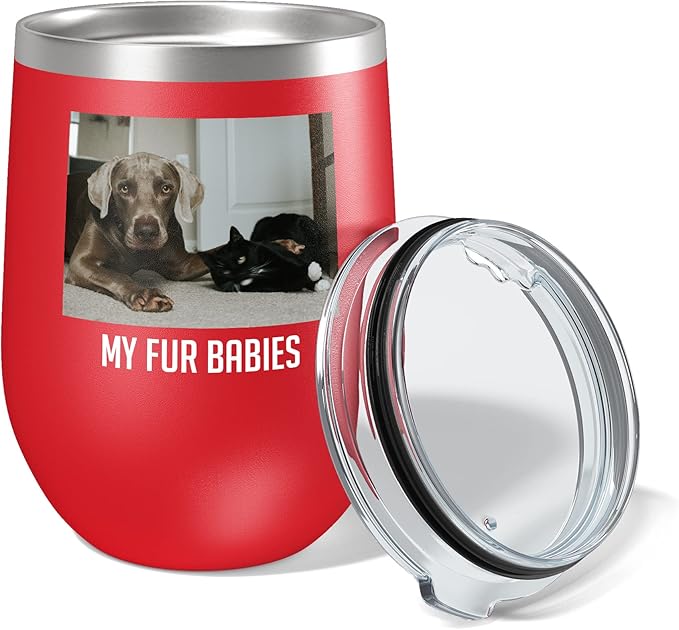 Personalized Mothers Day 12oz Photo Printed Insulated Stainless Steel Powder Coated Stemless Wine Tumbler with Lid, Customized Mum Gift Idea for Her, Custom Mom Coach Gifts Team (Red)